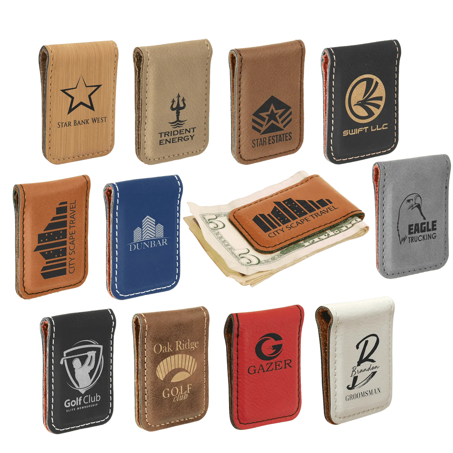 a group of wallets with different logos on them