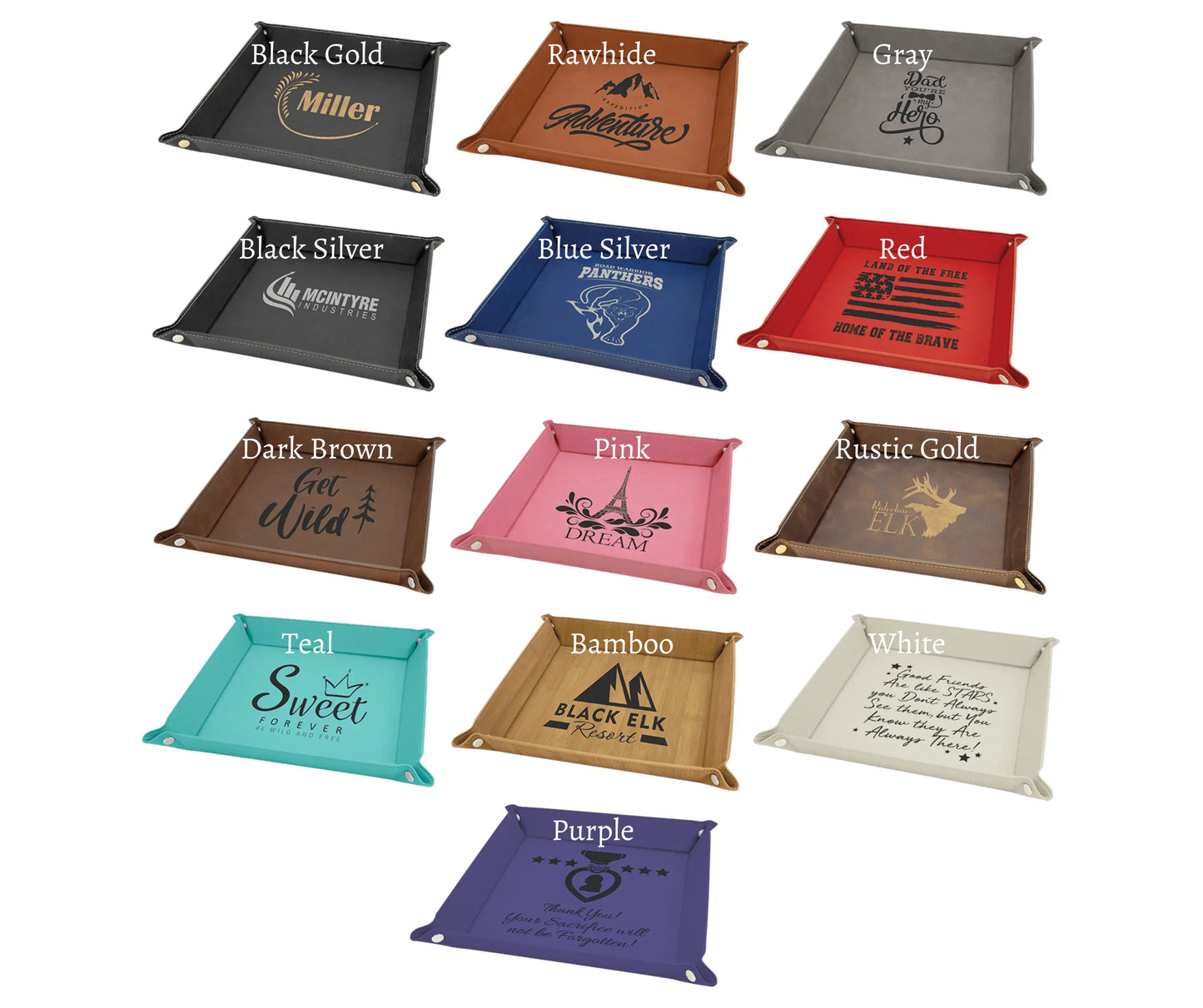 a group of different colored trays on a white background