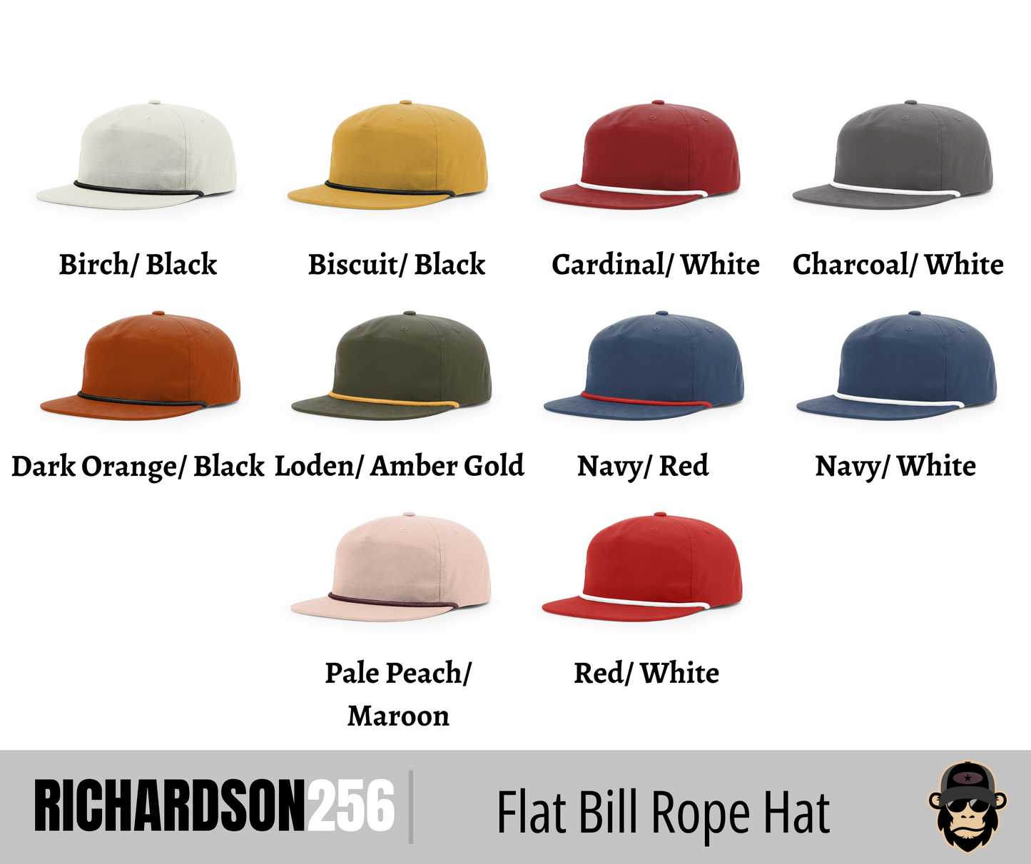 a collection of nine different flat bill rope hats in various colors and styles, including Birch/Black, Biscuit/Black, Cardinal/White, Charcoal/White, Dark Orange/Black Lodeen/Amber Gold, Navy/Red, Navy/White, Pale Peach/White, Red/White, and Maroon.