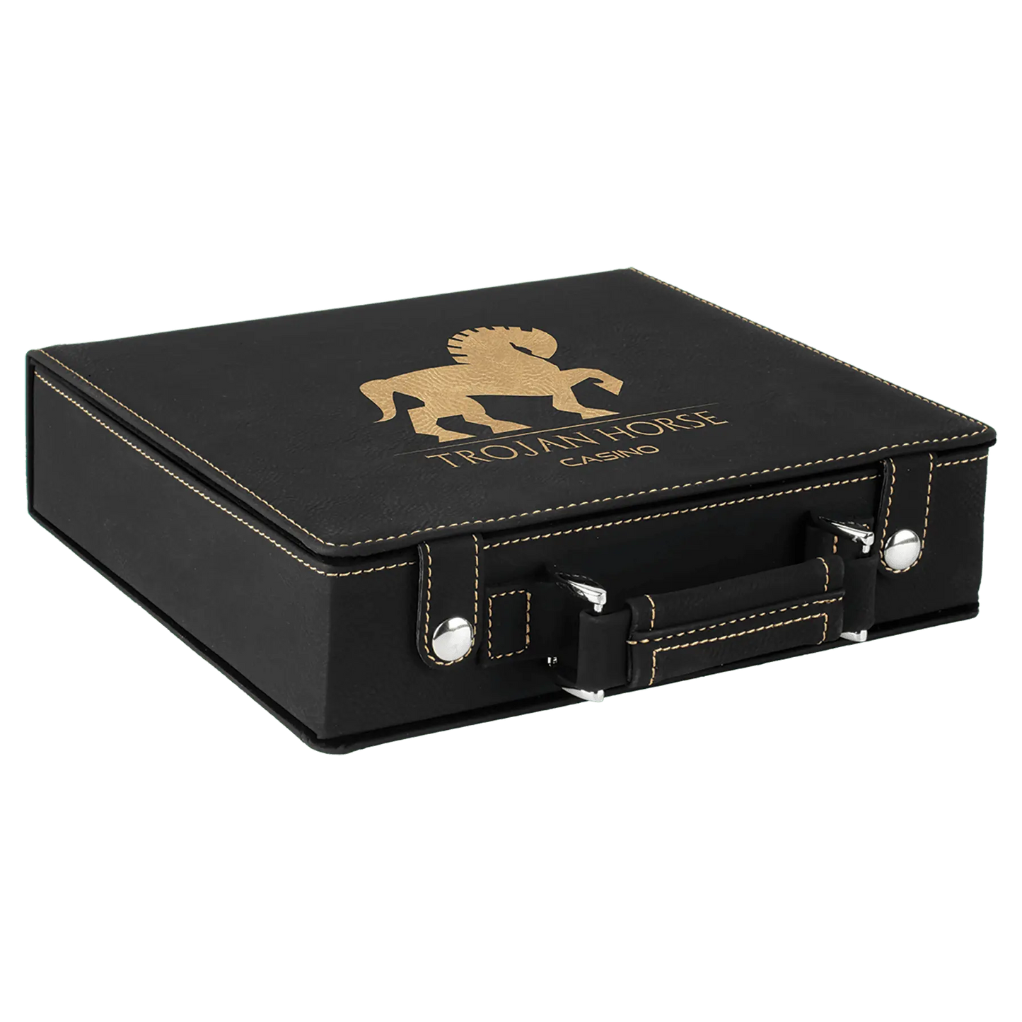 a black suitcase with a gold lion on it