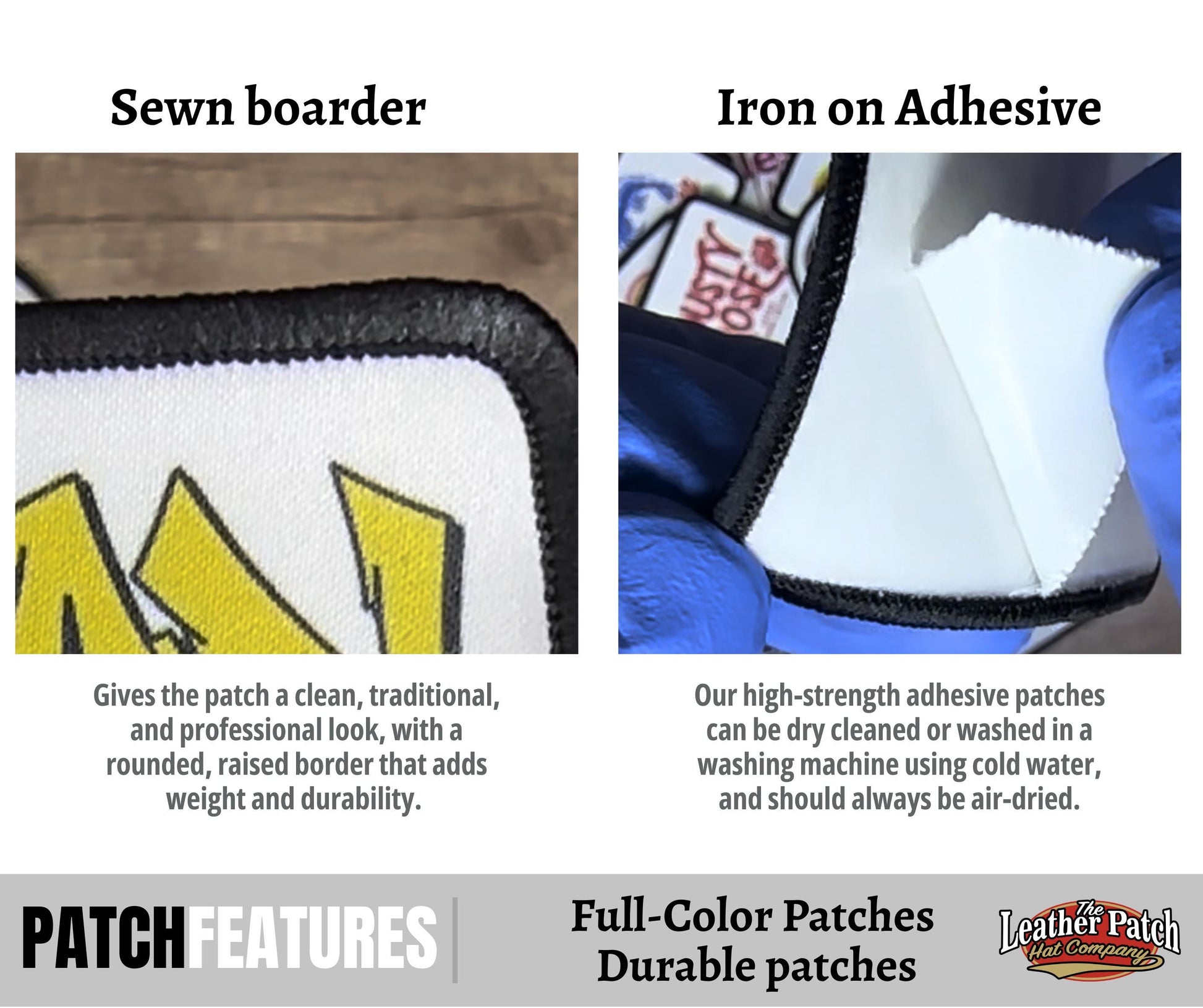 The image is a comparison between a sewing boarder and iron on adhesive patches, highlighting their features and uses.