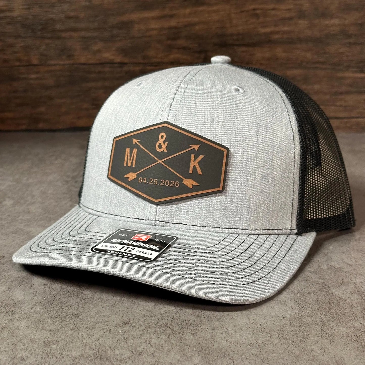 Crossed Arrow Groom Wedding Party Hats | Personalized Leather Patch Trucker Caps