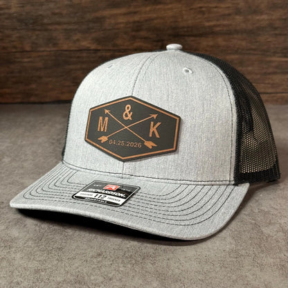 Crossed Arrow Groom Wedding Party Hats | Personalized Leather Patch Trucker Caps