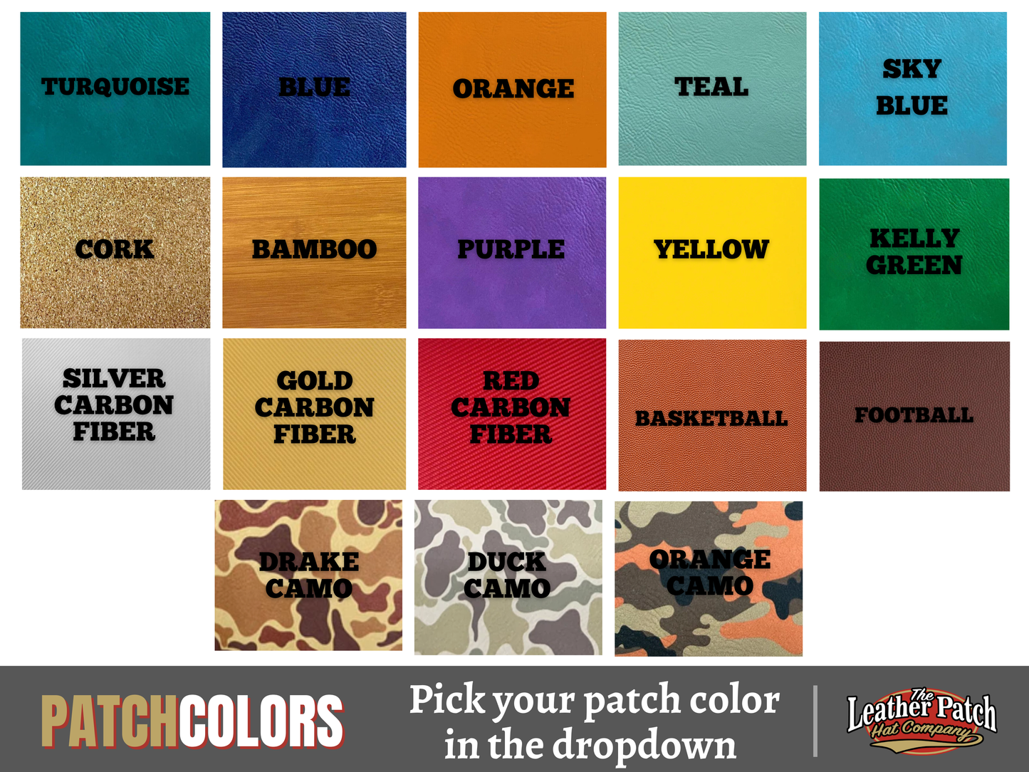 a collection of 16 different patch colors, each with a unique pattern or design, arranged in a grid format. The text "PATCH COLORS" is visible, indicating that the image is a collage of various patch colors.