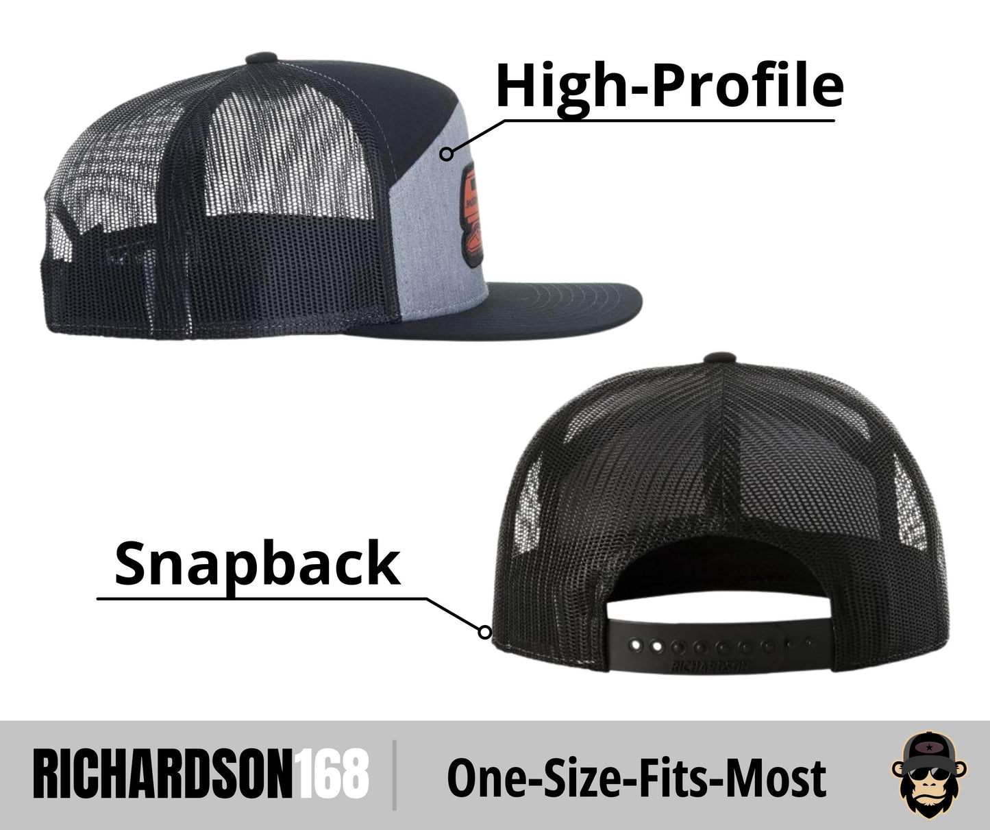 two different types of baseball caps, one with a mesh back and the other with a snapback design. The cap with the mesh back is labeled as a "High-Profile" cap, while the cap with the snapback is labeled as a "Snappleback" cap. The image also includes text that reads "One-Size-Fits-Most" and "RICHARDSON 168".