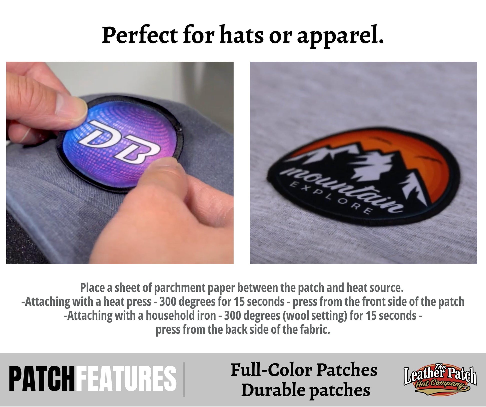 a person placing a sheet of parchment paper between a patch and a heat source, as well as attaching a household iron to a wool setting for 15 seconds.