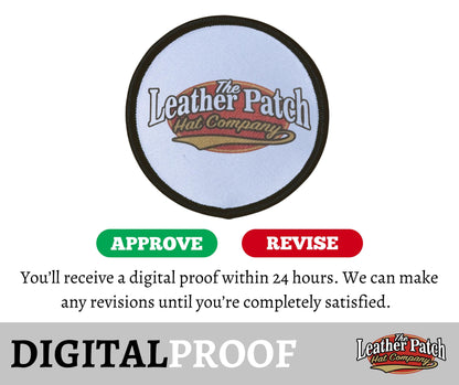a circular patch with the text &quot;The Leather Patch Hat Company&quot; on it, along with two buttons labeled &quot;APPROVE&quot; and &quot;REVISE&quot;.