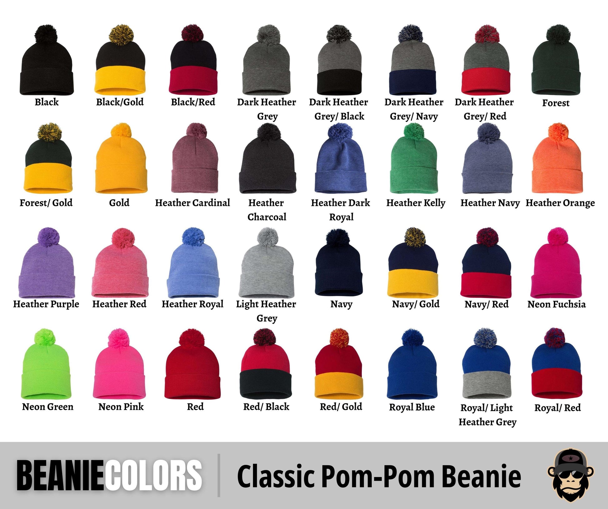 a collection of various colored pom-poms, including black, gold, dark red, dark grey, dark navy, forest green, forest gold, Heather cardinal, Heather dark, Heather klly, Heather orange, Heather purple, Heather red, Heather royal, Heather light, Navy, Navy gold, Navy red, Neon pink, Red, Royal blue, Royal light, Royal red, Navy grey, Navy gold, Navy red, Neon fuchsia, and Heather grey.