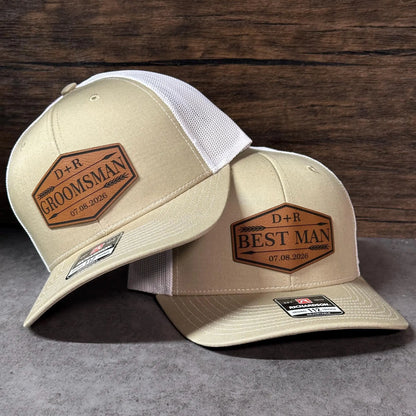 Personalized Arrow Wedding Party Hats | Leather Patch Trucker Caps