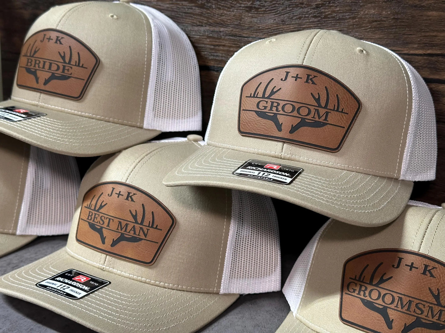 Personalized Antler Groom & Best Man Hats | Richardson 112 Leather Patch Trucker Hats