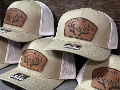 Personalized Antler Groom & Best Man Hats | Richardson 112 Leather Patch Trucker Hats