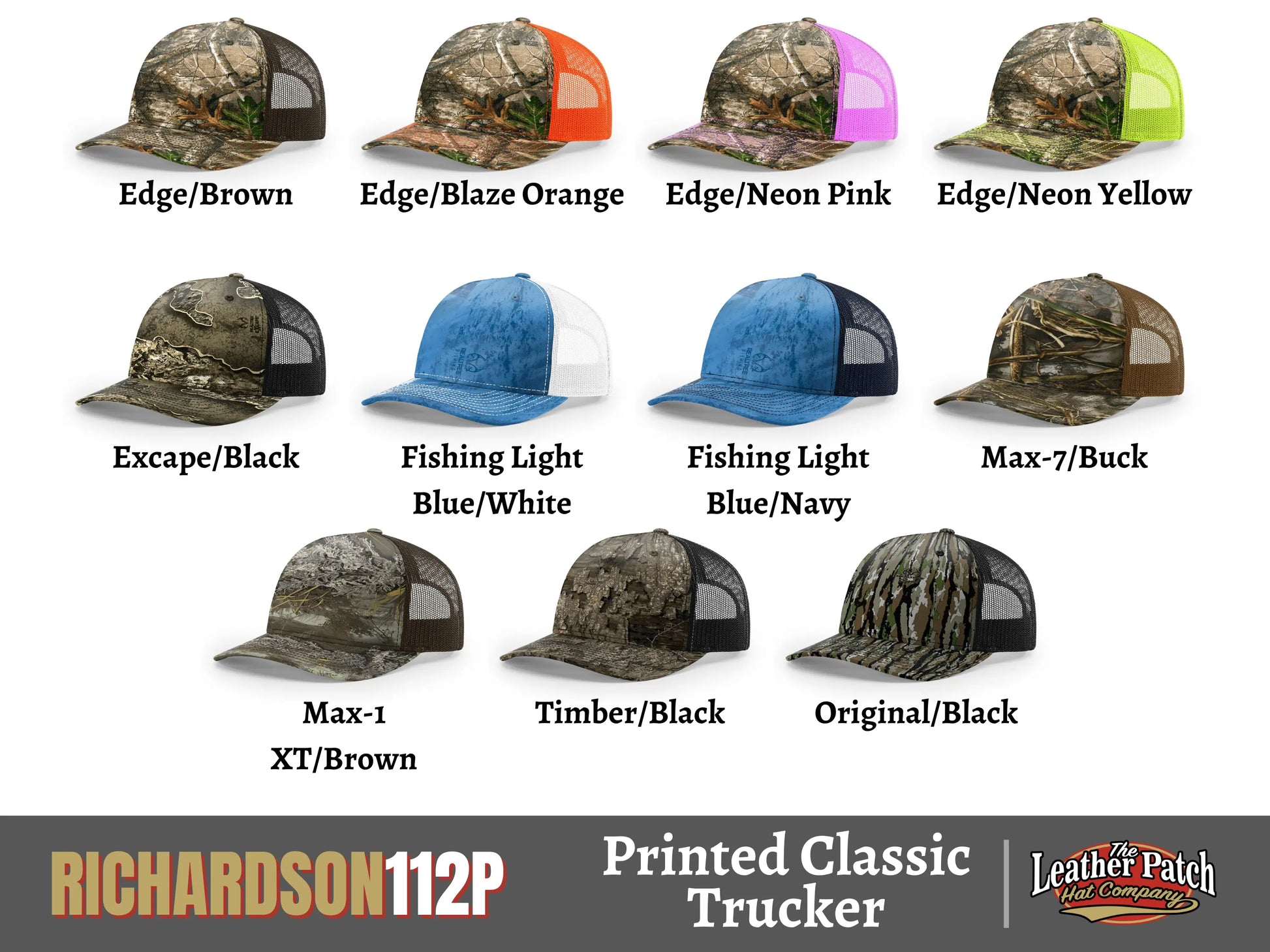 a collection of different colored and patterned trucker hats, including camouflage, blue/white, and other designs.