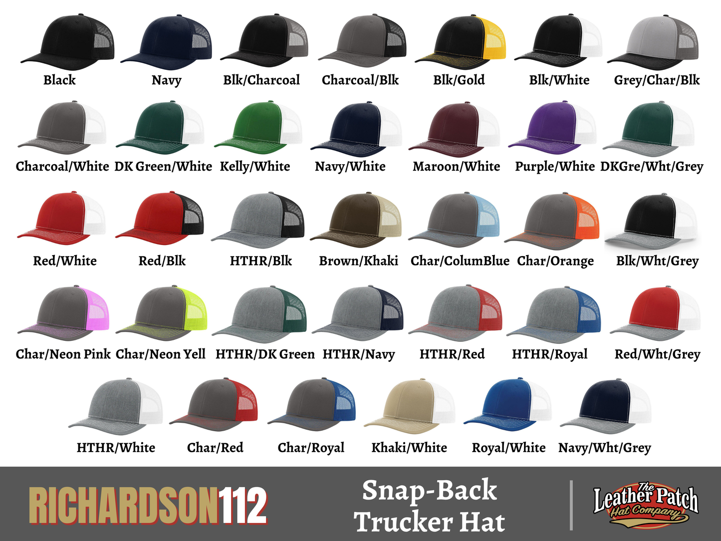 a collection of various trucker hats in different colors and styles, including black, navy, charcoal, white, green, purple, red, brown, kaki, and royal.