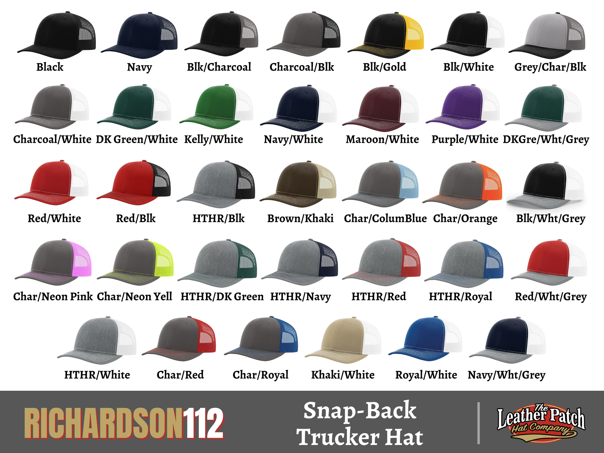 a collection of various trucker hats in different colors and styles, including black, navy, charcoal, white, green, purple, red, brown, kaki, and royal.