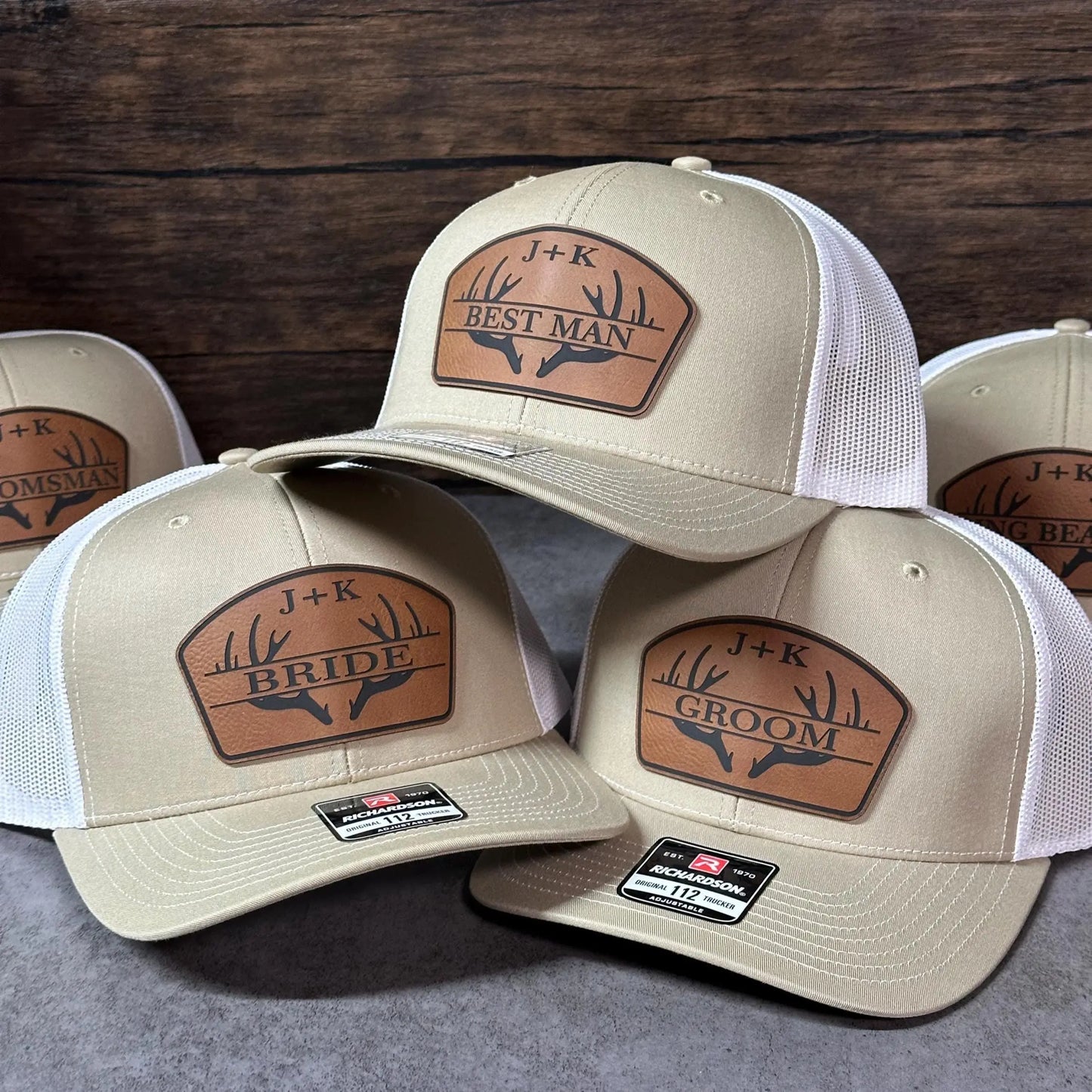 Personalized Antler Groom & Best Man Hats | Richardson 112 Leather Patch Trucker Hats