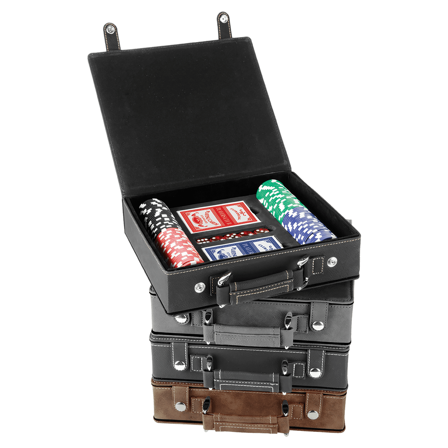 a suitcase filled with four poker chips