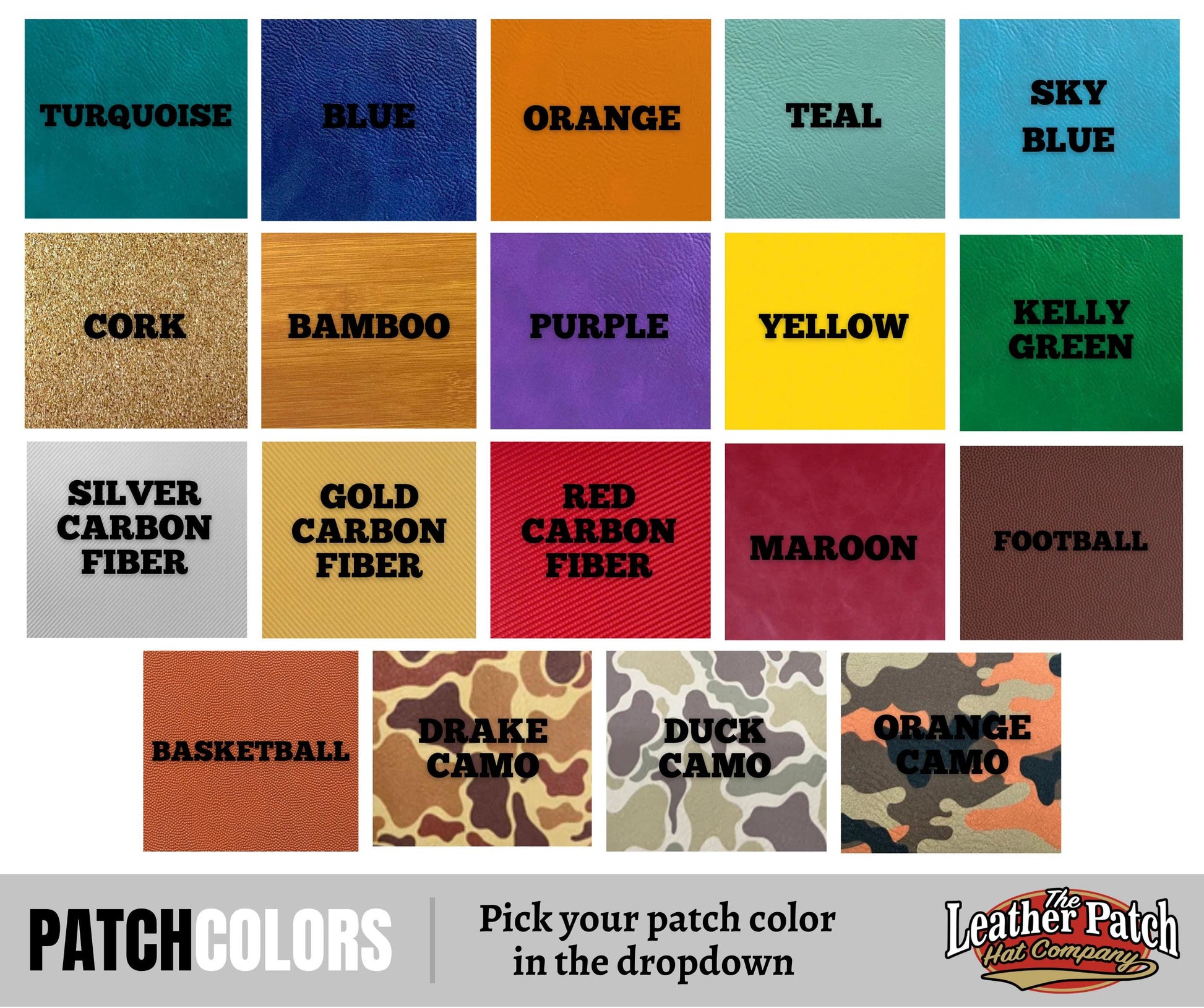 a collection of 16 different patch colors, each with a unique pattern and color, arranged in a grid format. The text "PATCH COLORS" is visible, indicating that the image is a collage of various patch colors.