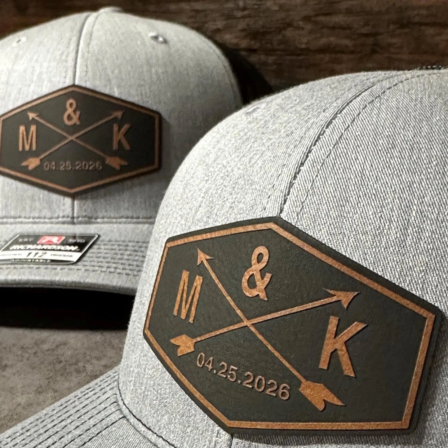 Crossed Arrow Groom Wedding Party Hats | Personalized Leather Patch Trucker Caps