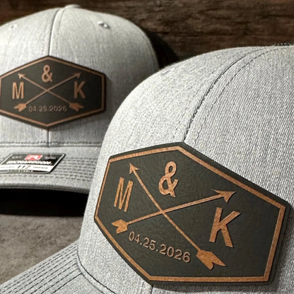 Crossed Arrow Groom Wedding Party Hats | Personalized Leather Patch Trucker Caps