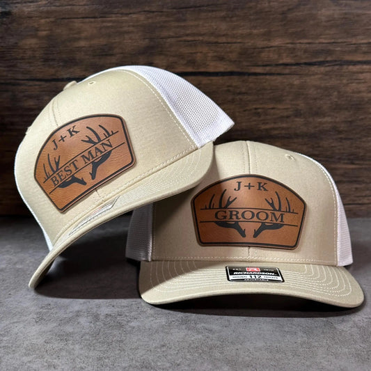 Personalized Antler Groom & Best Man Hats | Richardson 112 Leather Patch Trucker Hats