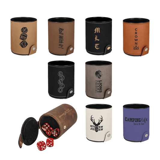 a group of different colored cups with dices in them