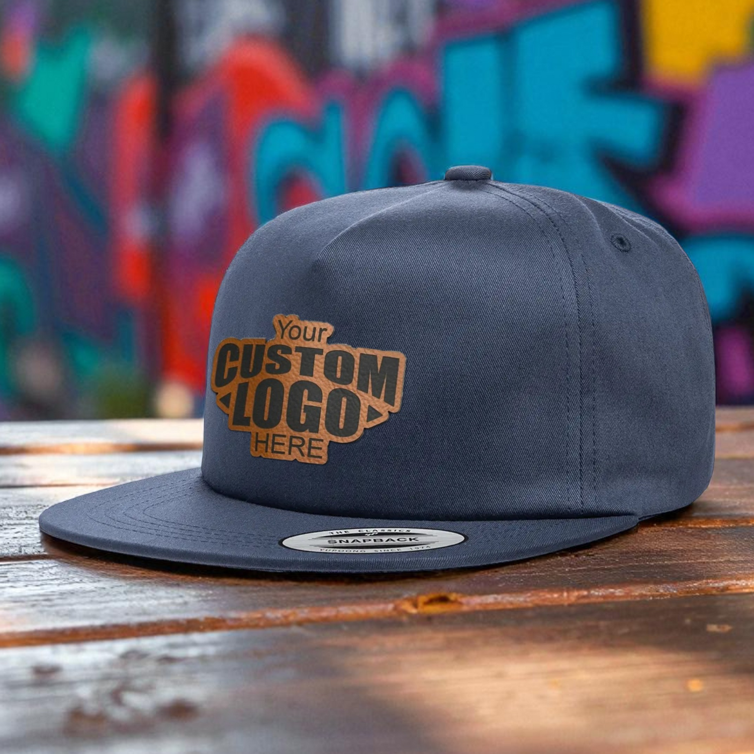 A gray baseball cap with a logo on it, placed on a wooden surface against a colorful graffiti background.