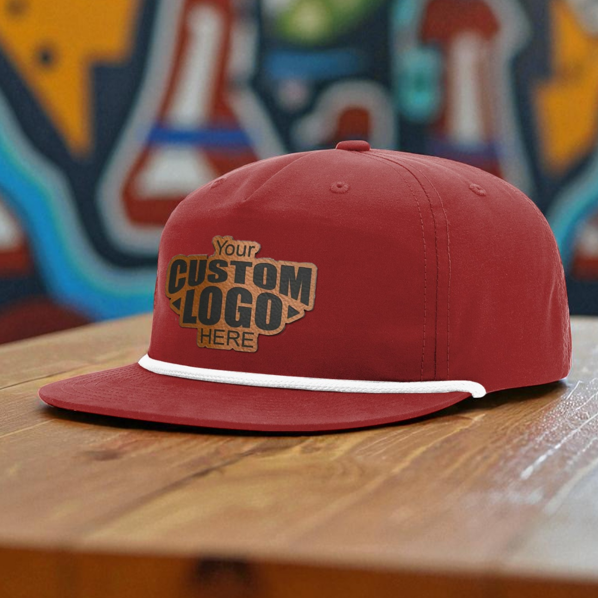 A red baseball cap with a white string sits on a wooden surface, with a colorful graffiti-style background.