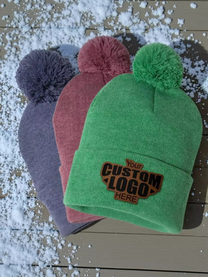 Custom Logo Pom-Pom Beanie: Personalized Leather Patch Beanie The Leather Patch