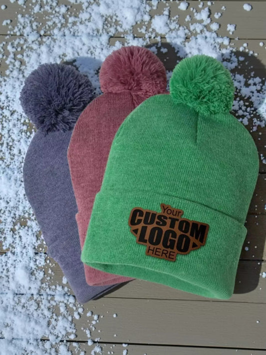 Custom Logo Pom-Pom Beanie: Personalized Leather Patch Beanie The Leather Patch