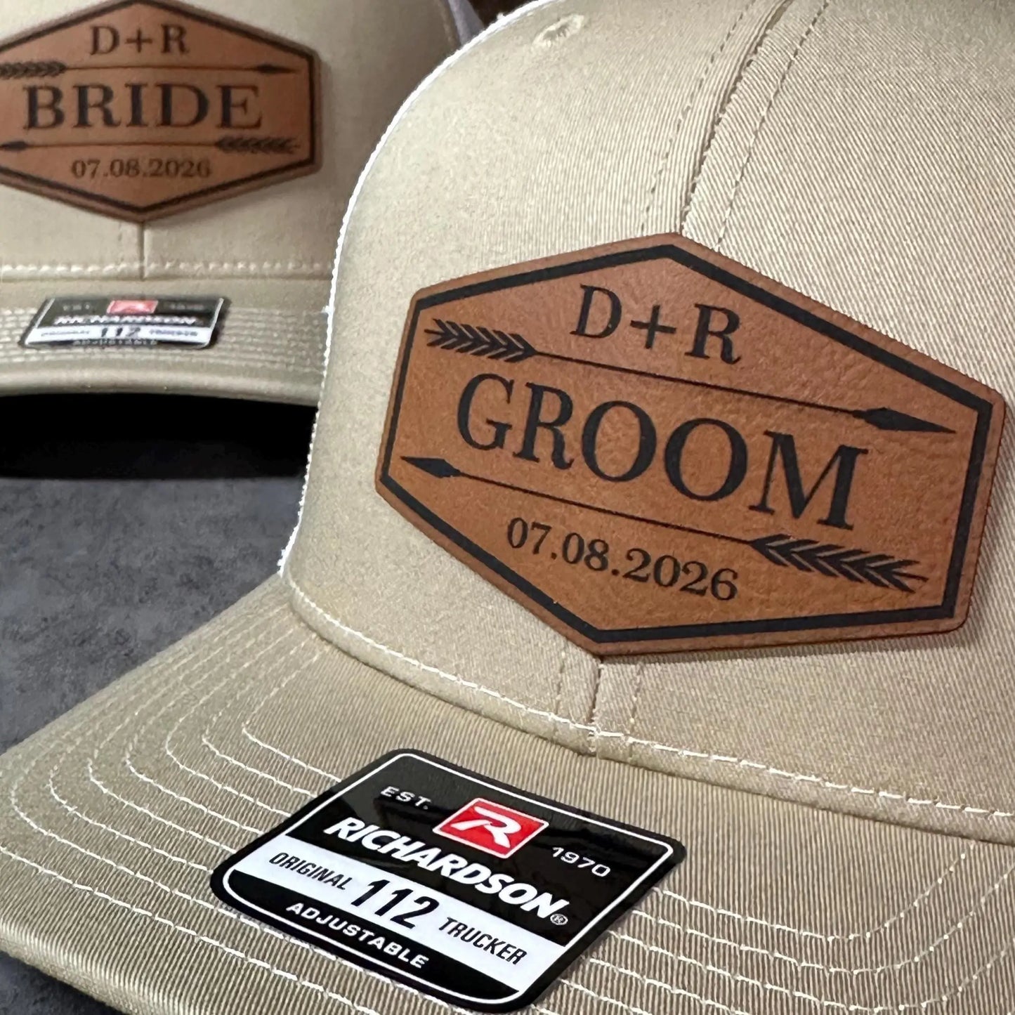 Personalized Arrow Wedding Party Hats | Leather Patch Trucker Caps