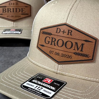 Personalized Arrow Wedding Party Hats | Leather Patch Trucker Caps