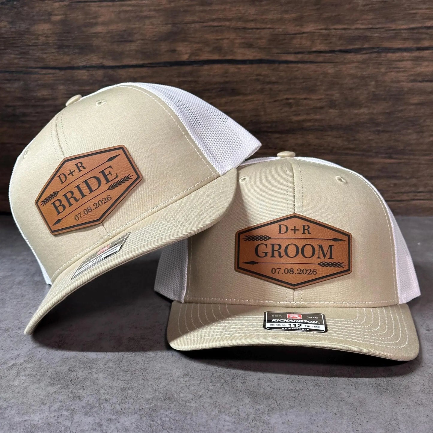 Personalized Arrow Wedding Party Hats | Leather Patch Trucker Caps