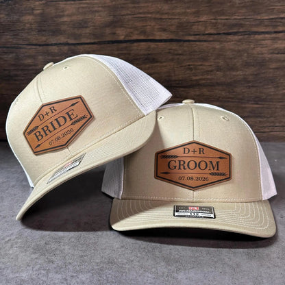 Personalized Arrow Wedding Party Hats | Leather Patch Trucker Caps