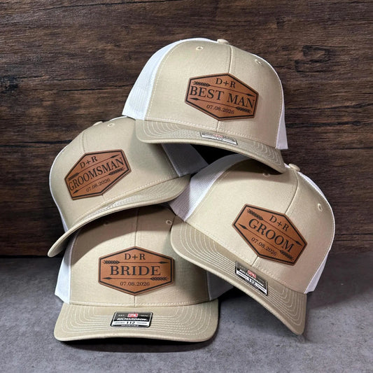 Personalized Arrow Wedding Party Hats | Leather Patch Trucker Caps