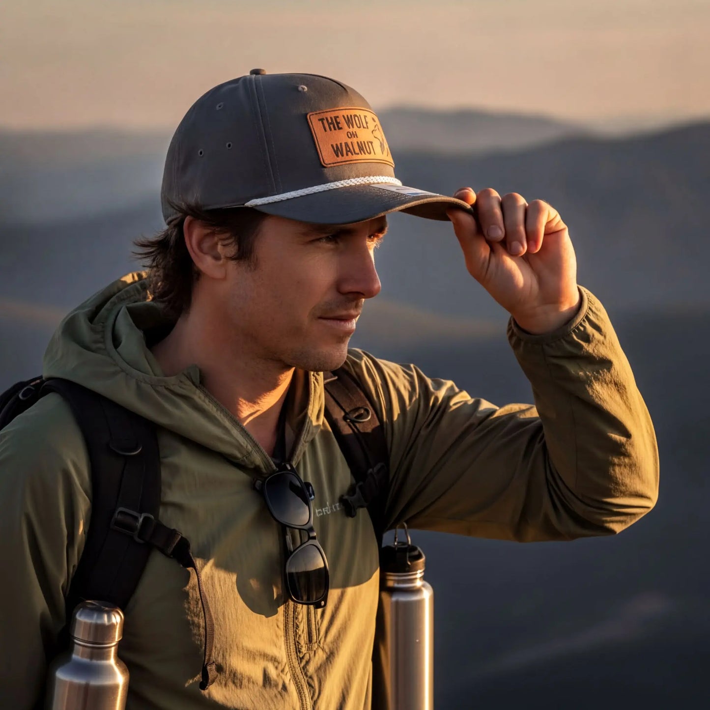 A man wearing a hat with the text "The Wolf at the Watchtower" stands on a mountain, holding a water bottle and looking off into the distance.