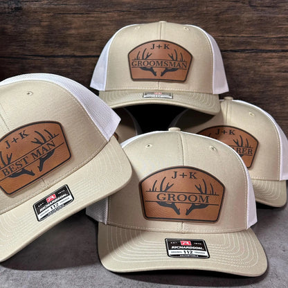 Personalized Antler Groom & Best Man Hats | Richardson 112 Leather Patch Trucker Hats