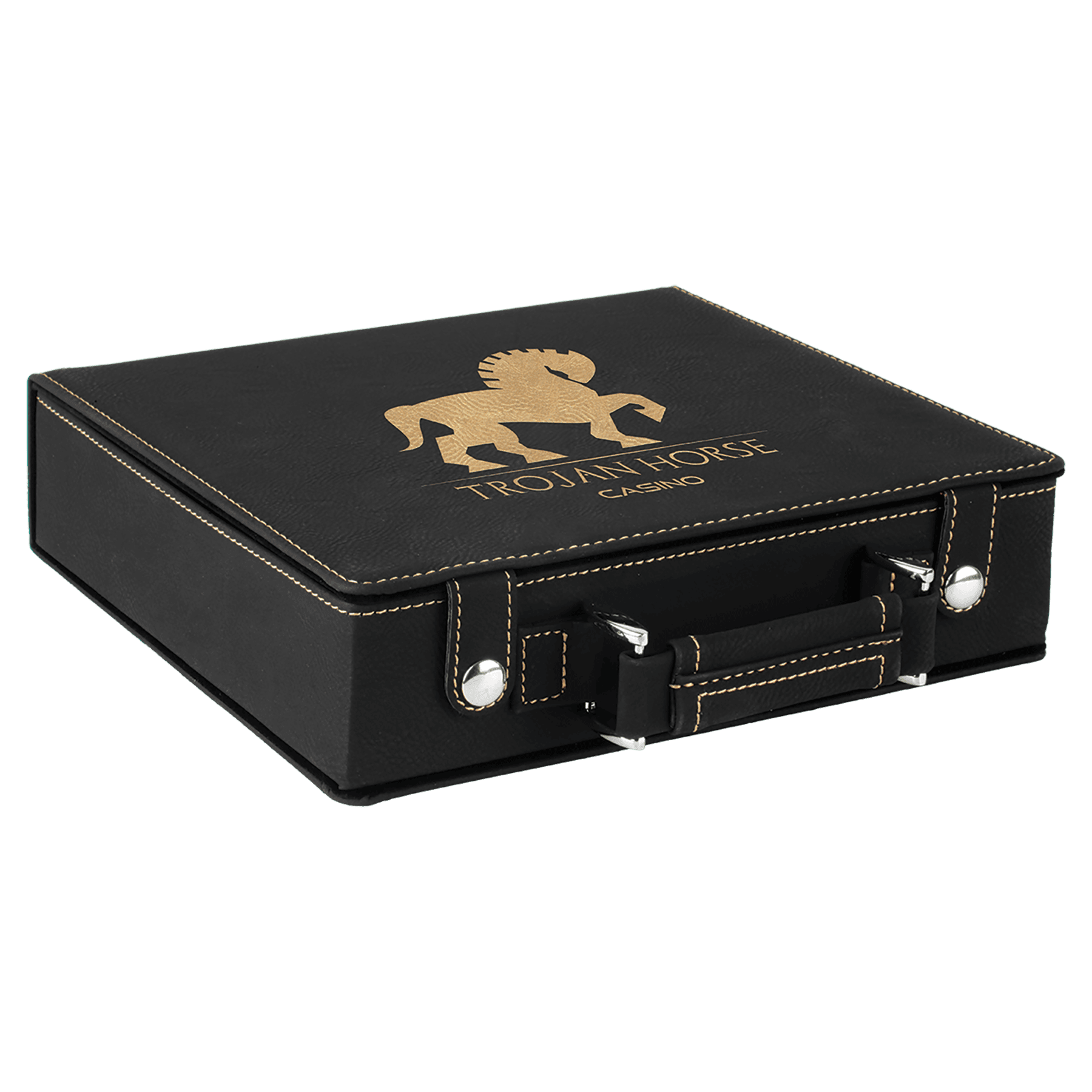 a black suitcase with a gold lion on it