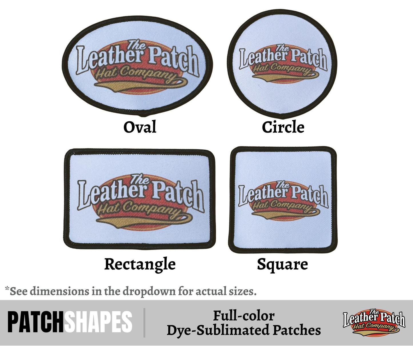 four different patch shapes, each with a distinct design and size, representing the Leather Patch Hat Company.