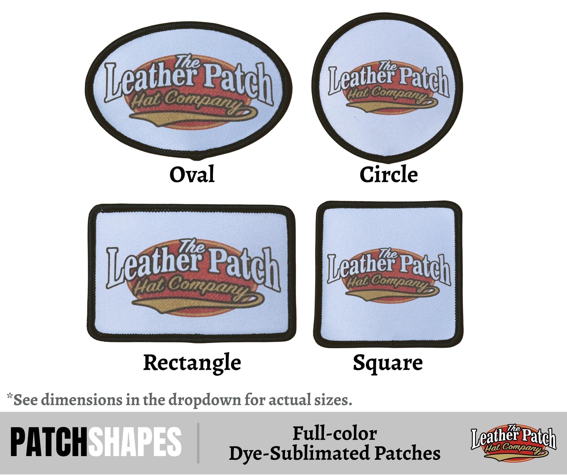 four different patch shapes, each with a distinct design and size, representing the Leather Patch Hat Company.