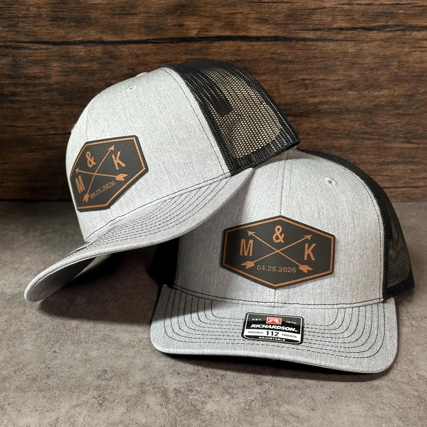 Crossed Arrow Groom Wedding Party Hats | Personalized Leather Patch Trucker Caps