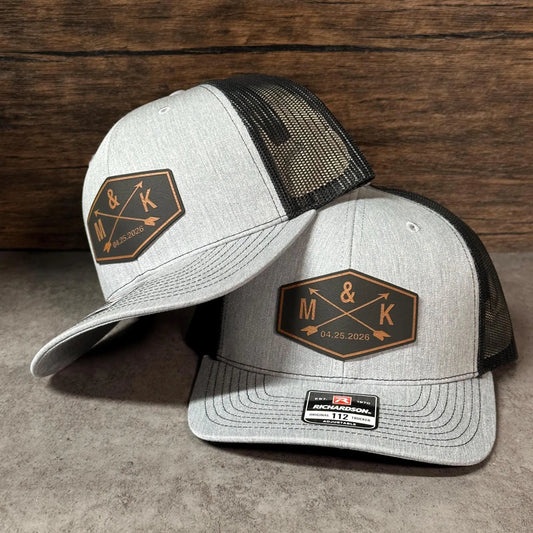 Crossed Arrow Groom Wedding Party Hats | Personalized Leather Patch Trucker Caps