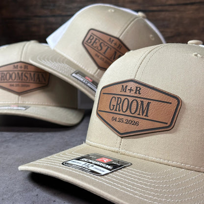 a close-up view of a beige baseball cap with a personalized label on it.