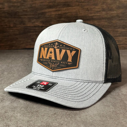 Navy Leather Patch Hat, Richardson 112 Trucker Hat