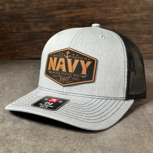 Navy Leather Patch Hat, Richardson 112 Trucker Hat