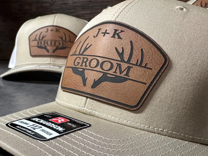 Personalized Antler Groom & Best Man Hats | Richardson 112 Leather Patch Trucker Hats