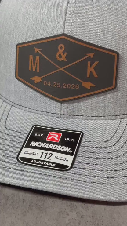Crossed Arrow Groom Wedding Party Hats | Personalized Leather Patch Trucker Caps