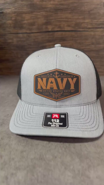 Navy Leather Patch Hat, Richardson 112 Trucker Hat