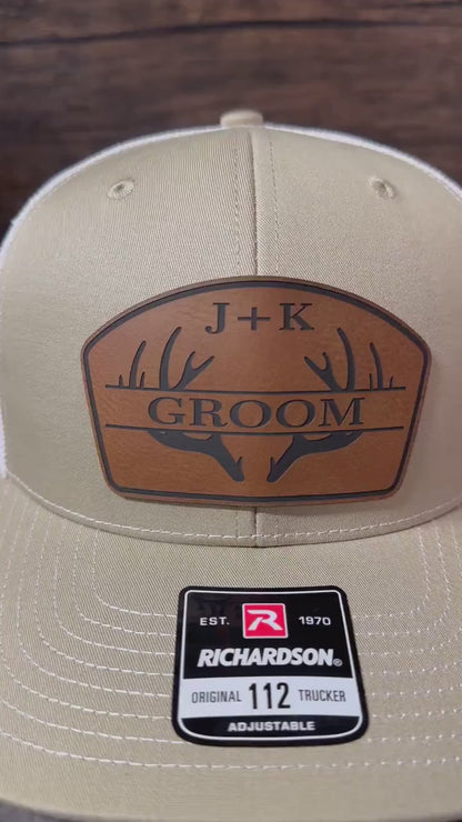 Personalized Antler Groom & Best Man Hats | Richardson 112 Leather Patch Trucker Hats